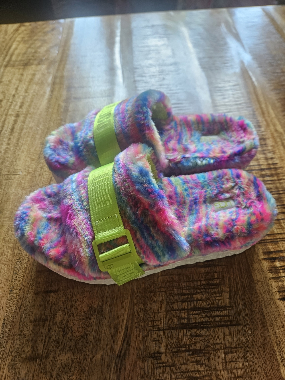 UGG Kids Rainbow Plush Slide Slippers with Neon Lime Strap